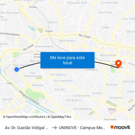 Av. Dr. Gastão Vidigal 1437 to UNINOVE - Campus Memorial map