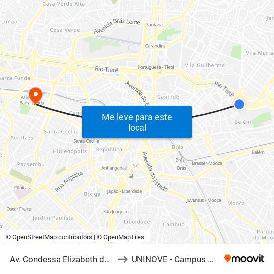 Av. Condessa Elizabeth de Robiano to UNINOVE - Campus Memorial map