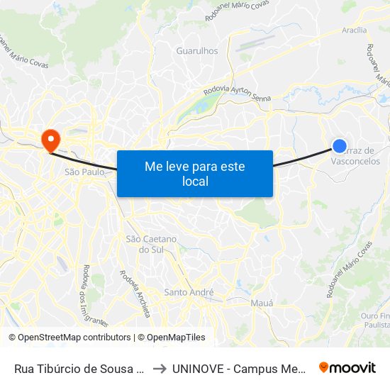 Rua Tibúrcio de Sousa 3350 to UNINOVE - Campus Memorial map