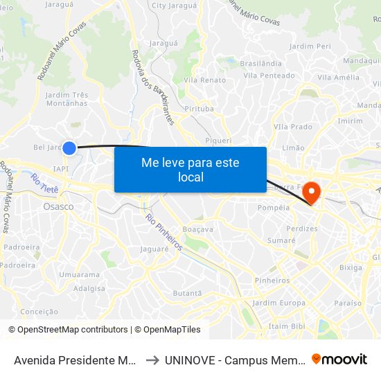 Avenida Presidente Médici to UNINOVE - Campus Memorial map