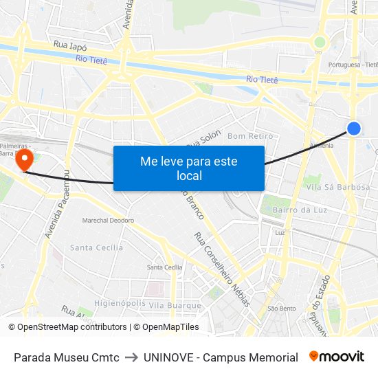 Parada Museu Cmtc to UNINOVE - Campus Memorial map