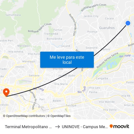 Terminal Metropolitano Taboão to UNINOVE - Campus Memorial map