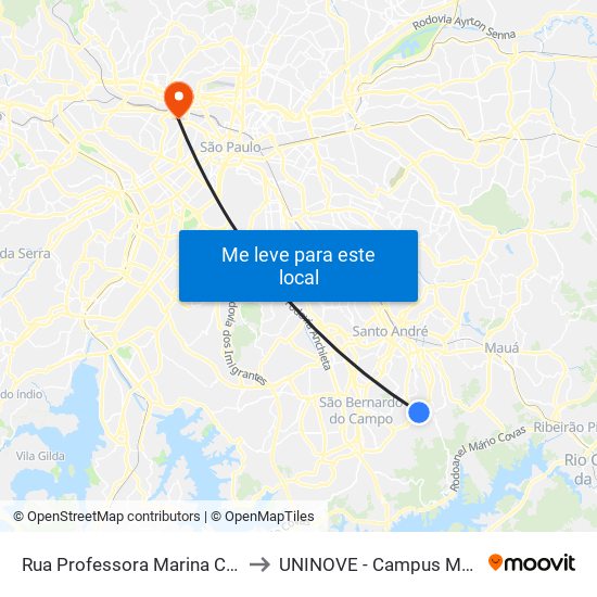 Rua Professora Marina Cintra 83 to UNINOVE - Campus Memorial map