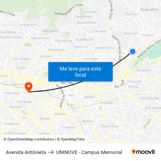 Avenida Antônieta to UNINOVE - Campus Memorial map