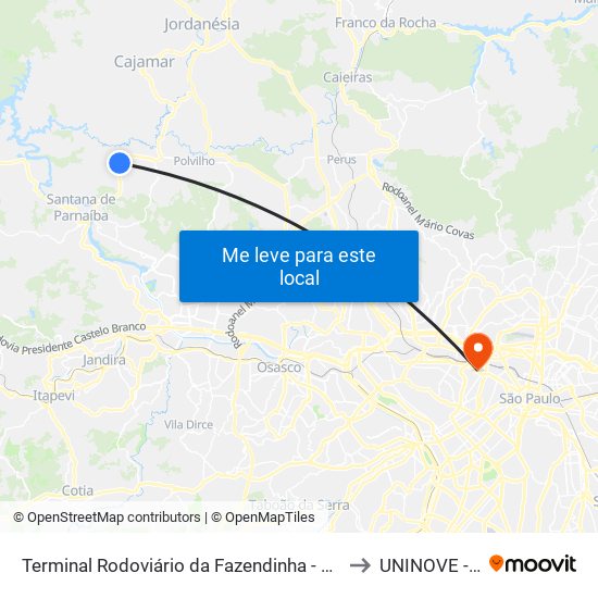 Terminal Rodoviário da Fazendinha - Parque dos Eucaliptos (Fazendinha), Santana de Parnaíba to UNINOVE - Campus Memorial map
