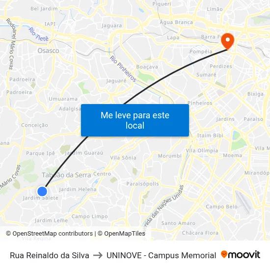 Rua Reinaldo da Silva to UNINOVE - Campus Memorial map