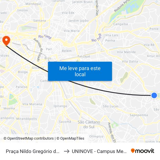 Praça Nildo Gregório da Silva to UNINOVE - Campus Memorial map