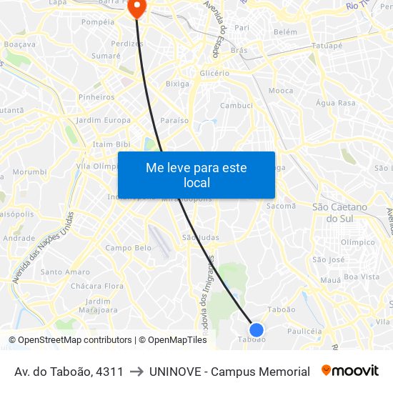 Av. do Taboão, 4311 to UNINOVE - Campus Memorial map