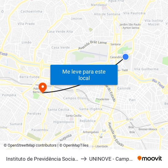 Instituto de Previdência Social da Cidade de SP to UNINOVE - Campus Memorial map