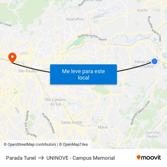 Parada Tunel to UNINOVE - Campus Memorial map