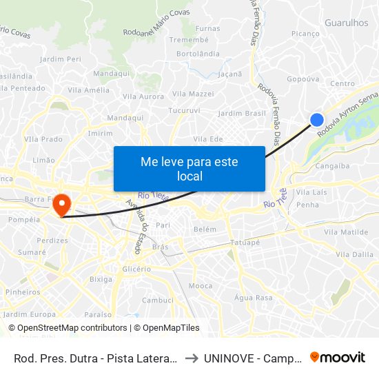 Rod. Pres. Dutra - Pista Lateral - R. Mavilda Neves to UNINOVE - Campus Memorial map