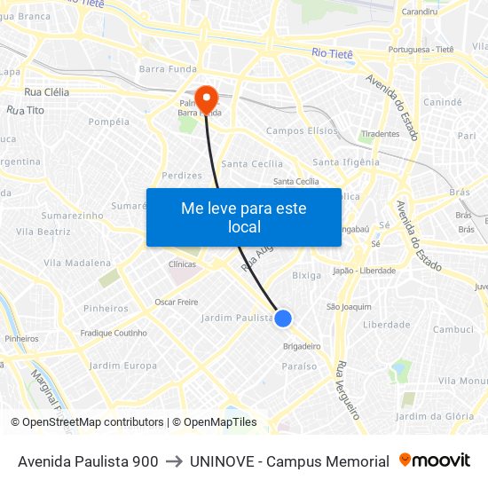 Avenida Paulista 900 to UNINOVE - Campus Memorial map