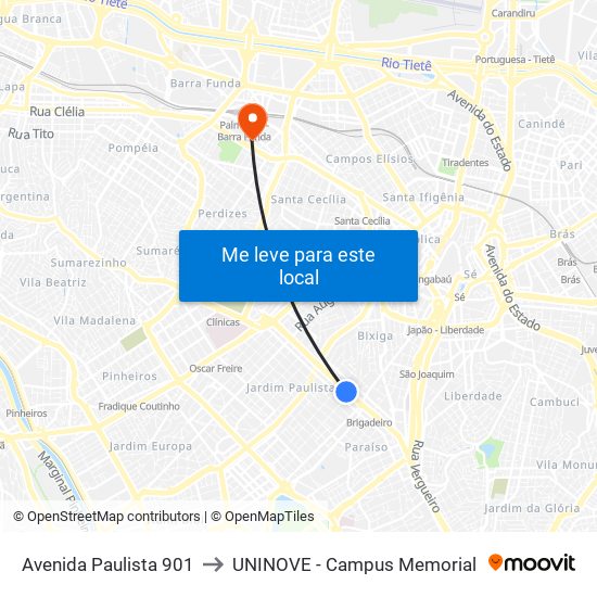 Avenida Paulista 901 to UNINOVE - Campus Memorial map