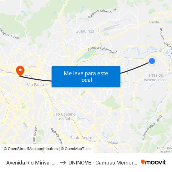 Avenida Rio Mirivaí 21 to UNINOVE - Campus Memorial map