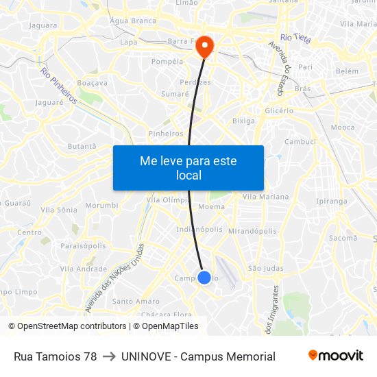 Rua Tamoios 78 to UNINOVE - Campus Memorial map