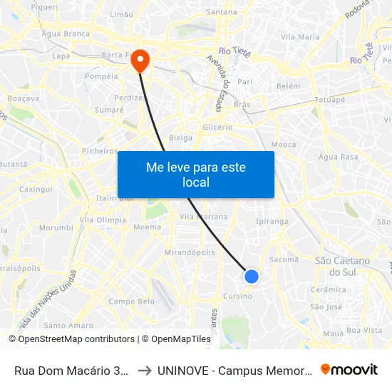 Rua Dom Macário 312 to UNINOVE - Campus Memorial map