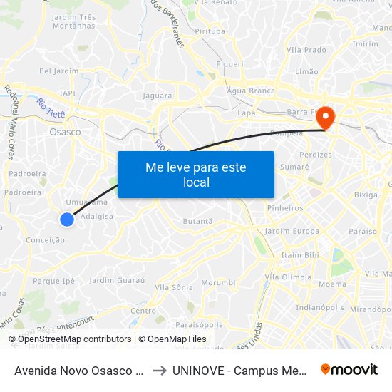 Avenida Novo Osasco 1257 to UNINOVE - Campus Memorial map