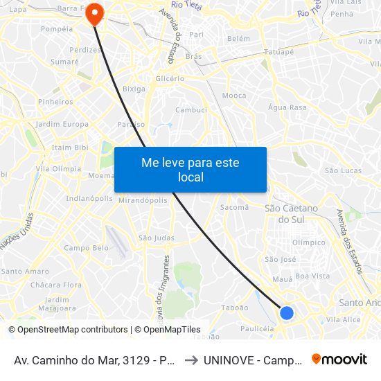 Av. Caminho do Mar, 3129 - Parada Jair Fongaro to UNINOVE - Campus Memorial map