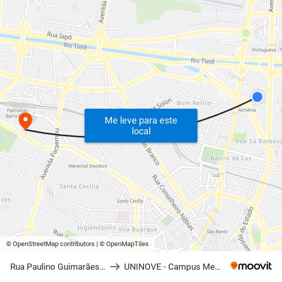 Rua Paulino Guimarães, 121 to UNINOVE - Campus Memorial map