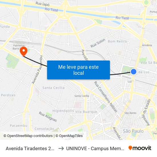 Avenida Tiradentes 2194 to UNINOVE - Campus Memorial map