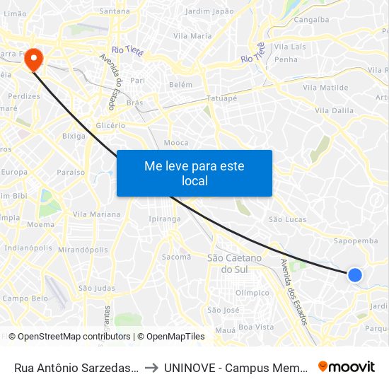 Rua Antônio Sarzedas 97 to UNINOVE - Campus Memorial map