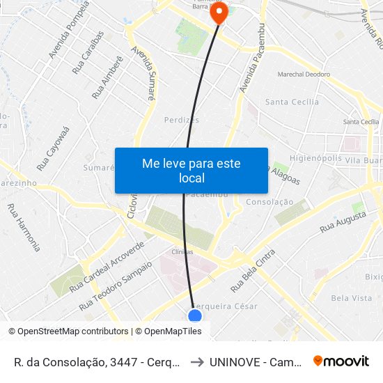 R. da Consolação, 3447 - Cerqueira César, São Paulo to UNINOVE - Campus Memorial map