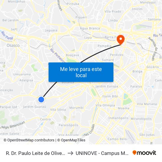 R. Dr. Paulo Leite de Oliveira, 199 to UNINOVE - Campus Memorial map