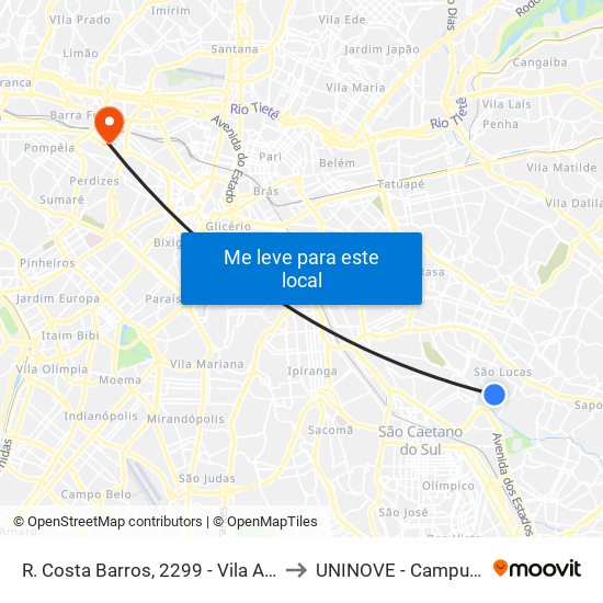 R. Costa Barros, 2299 - Vila Alpina, São Paulo to UNINOVE - Campus Memorial map