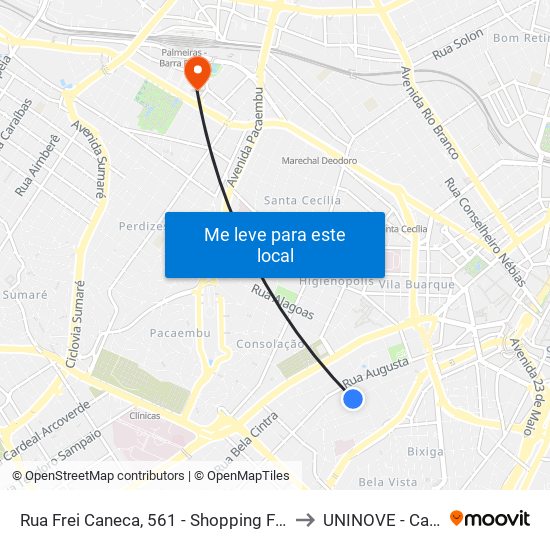 Rua Frei Caneca, 561 - Shopping Frei Caneca - Bela Vista, São Paulo to UNINOVE - Campus Memorial map