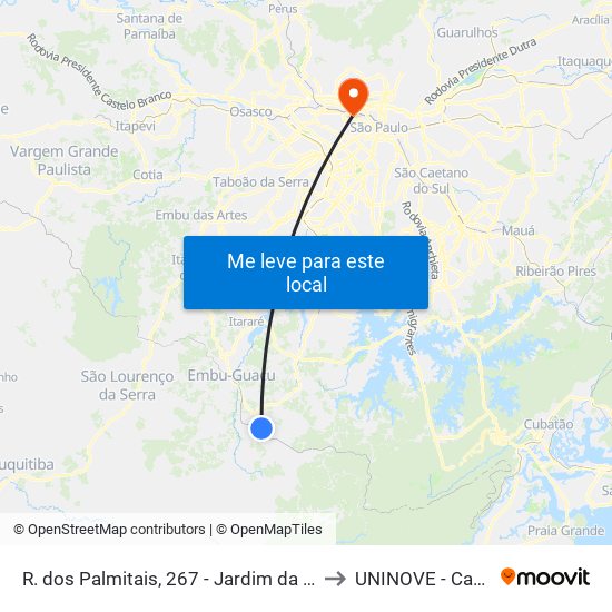 R. dos Palmitais, 267 - Jardim da Represa do Cipo, Embu-Guaçu to UNINOVE - Campus Memorial map