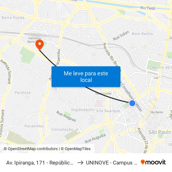 Av. Ipiranga, 171 - República, São Paulo to UNINOVE - Campus Memorial map