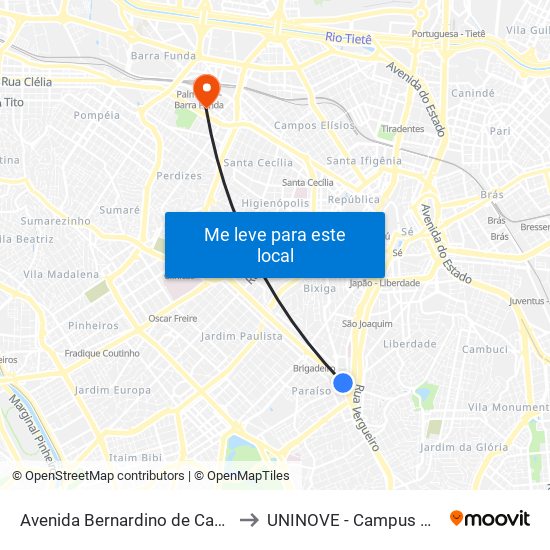 Avenida Bernardino de Campos 173 to UNINOVE - Campus Memorial map