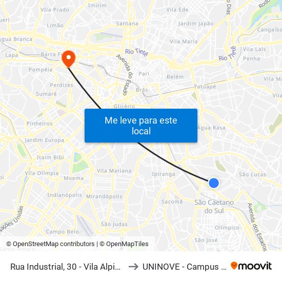 Rua Industrial, 30 - Vila Alpina, São Paulo to UNINOVE - Campus Memorial map