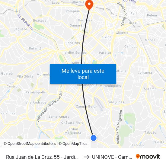 Rua Juan de La Cruz, 55 - Jardim Jabaquara, São Paulo to UNINOVE - Campus Memorial map