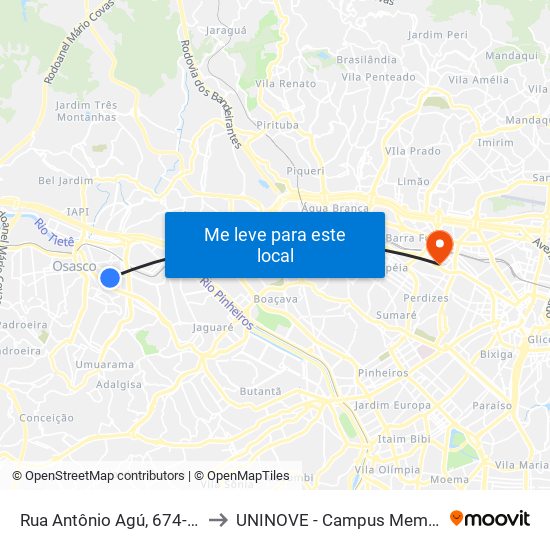Rua Antônio Agú, 674-696 to UNINOVE - Campus Memorial map