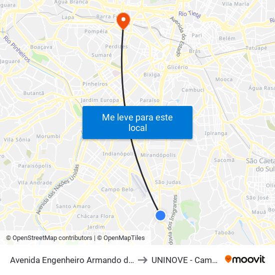 Avenida Engenheiro Armando de Arruda Pereira 2100 to UNINOVE - Campus Memorial map