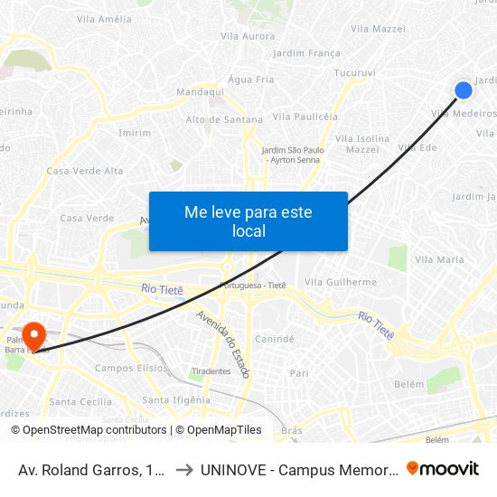 Av. Roland Garros, 181 to UNINOVE - Campus Memorial map