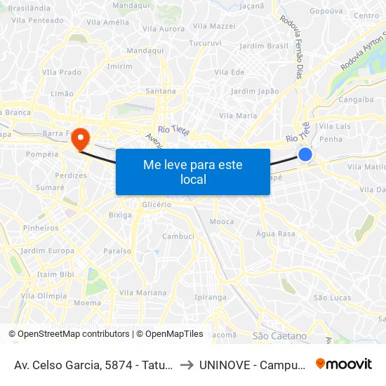 Av. Celso Garcia, 5874 - Tatuapé, São Paulo to UNINOVE - Campus Memorial map