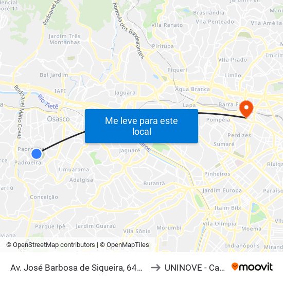 Av. José Barbosa de Siqueira, 640 - Padroeira, Osasco - Sp, Brasil to UNINOVE - Campus Memorial map