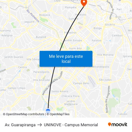 Av. Guarapiranga to UNINOVE - Campus Memorial map