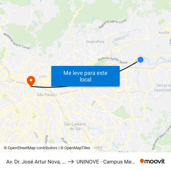 Av. Dr. José Artur Nova, 2748 to UNINOVE - Campus Memorial map