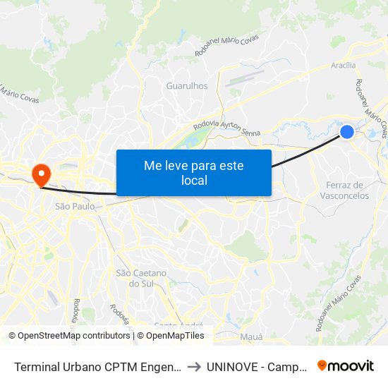 Terminal Urbano CPTM Engenheiro Manoel Feio to UNINOVE - Campus Memorial map