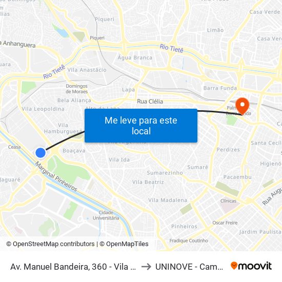 Av. Manuel Bandeira, 360 - Vila Leopoldina, São Paulo to UNINOVE - Campus Memorial map