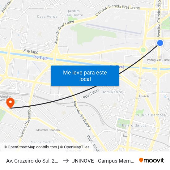 Av. Cruzeiro do Sul, 2092 to UNINOVE - Campus Memorial map