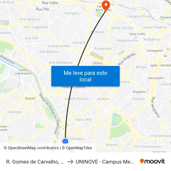 R. Gomes de Carvalho, 1666 to UNINOVE - Campus Memorial map