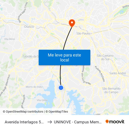 Avenida Interlagos 5220 to UNINOVE - Campus Memorial map