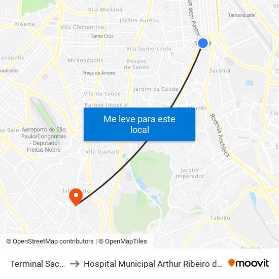 Terminal Sacomã to Hospital Municipal Arthur Ribeiro de Saboya map