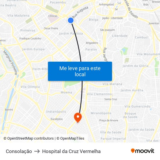 Consolação to Hospital da Cruz Vermelha map