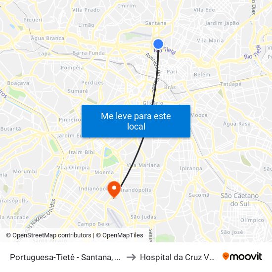 Portuguesa-Tietê - Santana, São Paulo to Hospital da Cruz Vermelha map