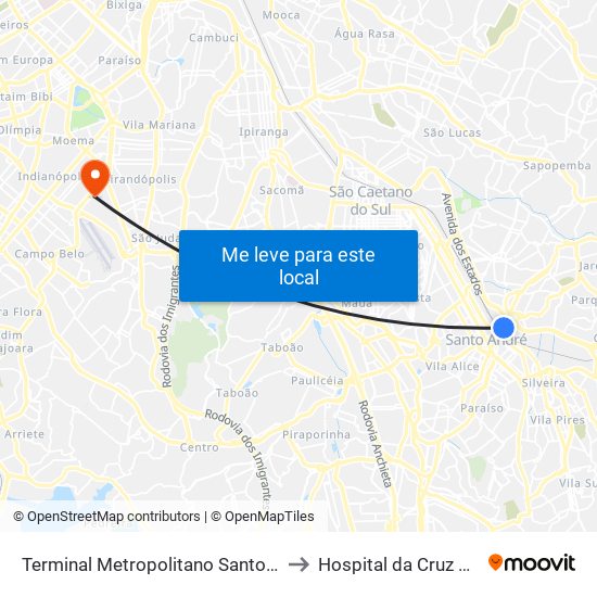 Terminal Metropolitano Santo André Leste to Hospital da Cruz Vermelha map